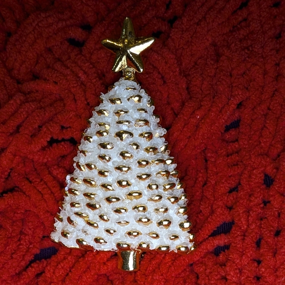 Vintage Donni Flocked Christmas Tree Brooch Porcelain Gold Tone - Picture 4 of 10